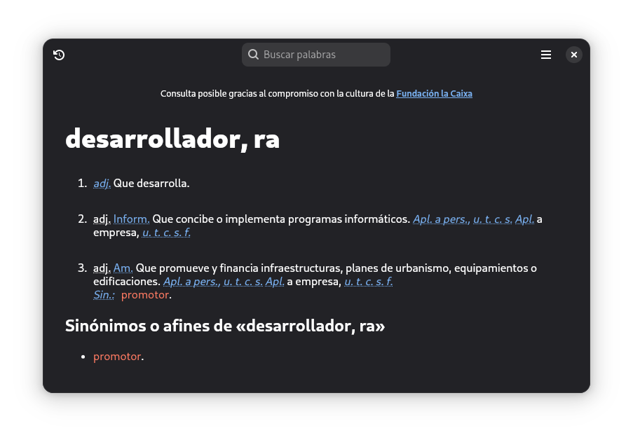 Diccionario de la Lengua showing the definition of the Spanish word “desarrollador”.