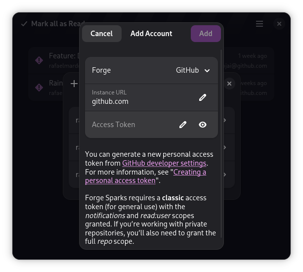 Forge Spark's account creation view. Showing that GitHub accounts now can set an instance url.