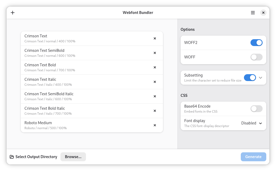 Main view of the Webfont Bundler app with fonts loaded.